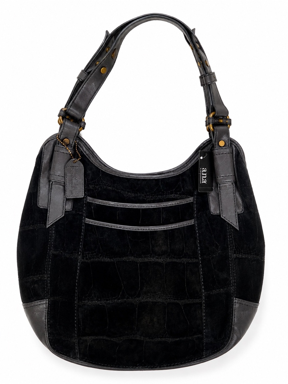 A.N.A. Cowhide Leather Black Croc Embossed Hobo Shoulder Bag NWT